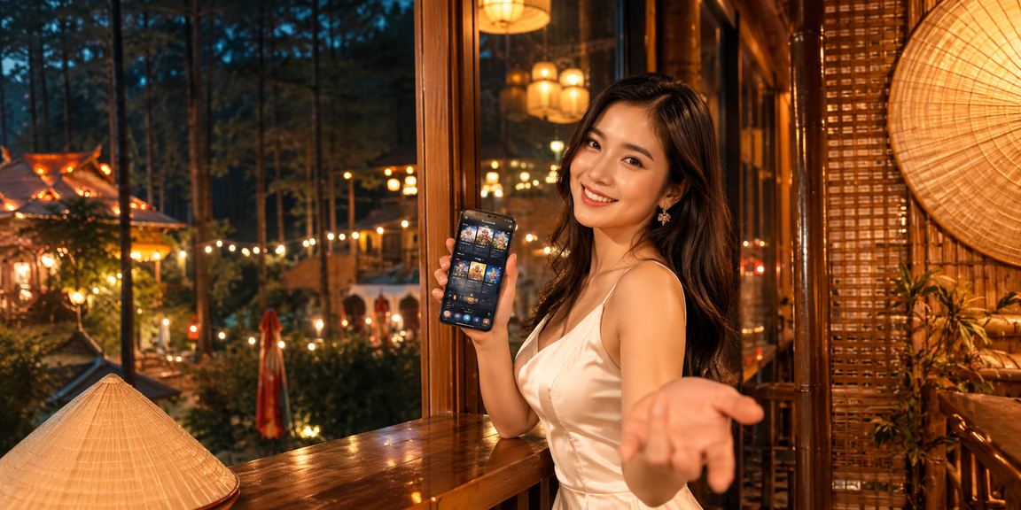 Người phụ nữ Đà Lạt đội nón lá ngồi thư giãn và tham gia casino trực tuyến 712 trên thiết bị di động