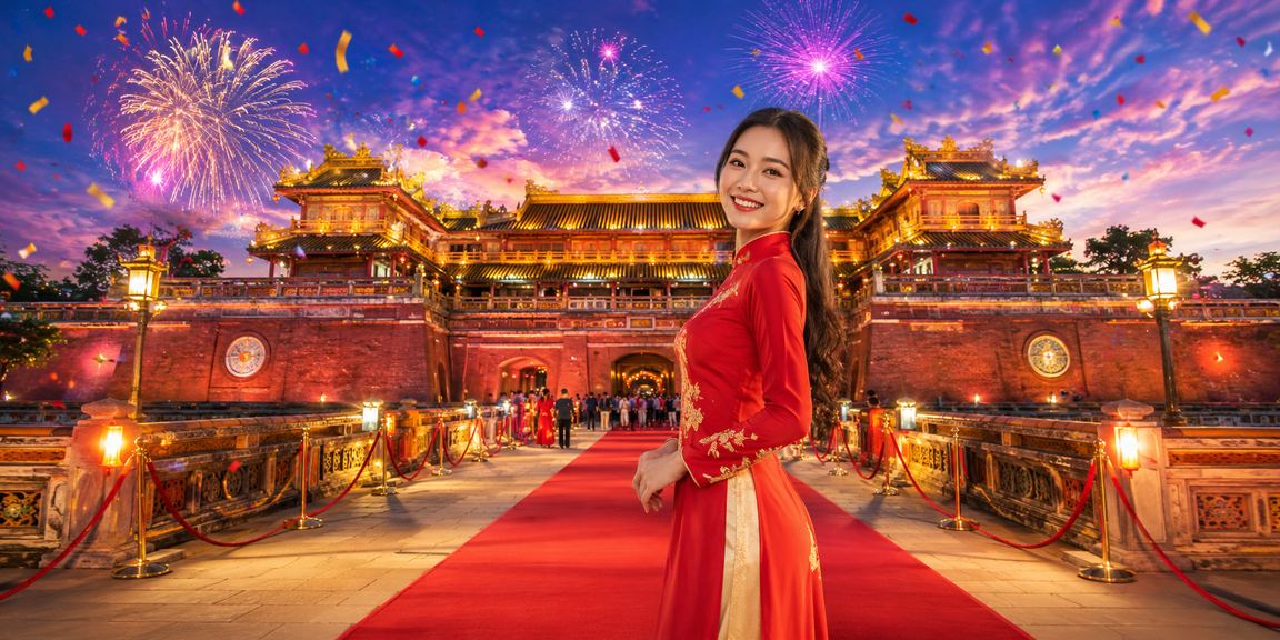 Người dùng tại Huế mở ứng dụng 712 trên điện thoại trong trang phục áo dài truyền thống